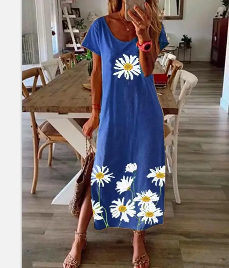 Printed Milk Silk Dress Blue Floral Large - Image 6