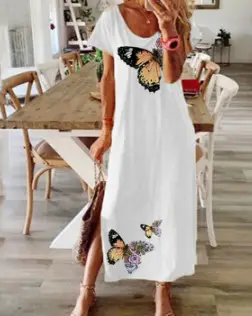 Printed Milk Silk Dress Blue Floral Large - Image 9