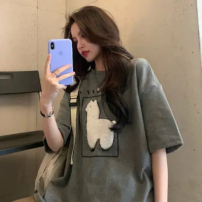 Korean Printed Lamb T-Shirt Black Loose Fit