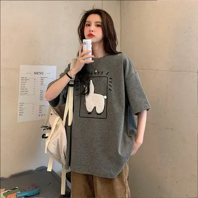 Korean Printed Lamb T-Shirt Black Loose Fit