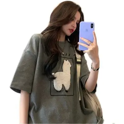 Korean Printed Lamb T-Shirt Black Loose Fit