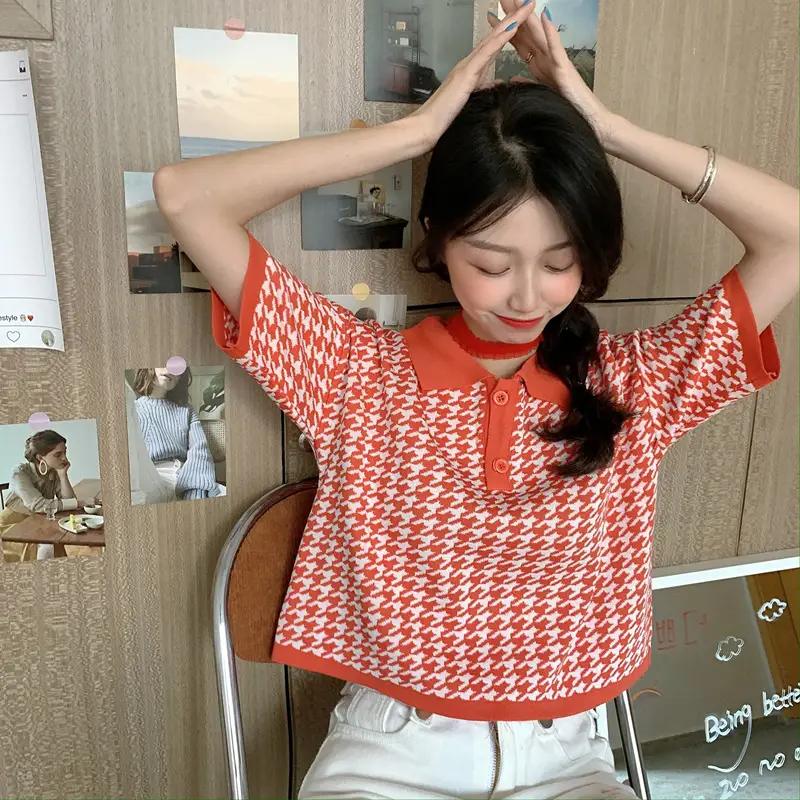 Women Korean Style Blue Houndstooth Polo T-Shirt