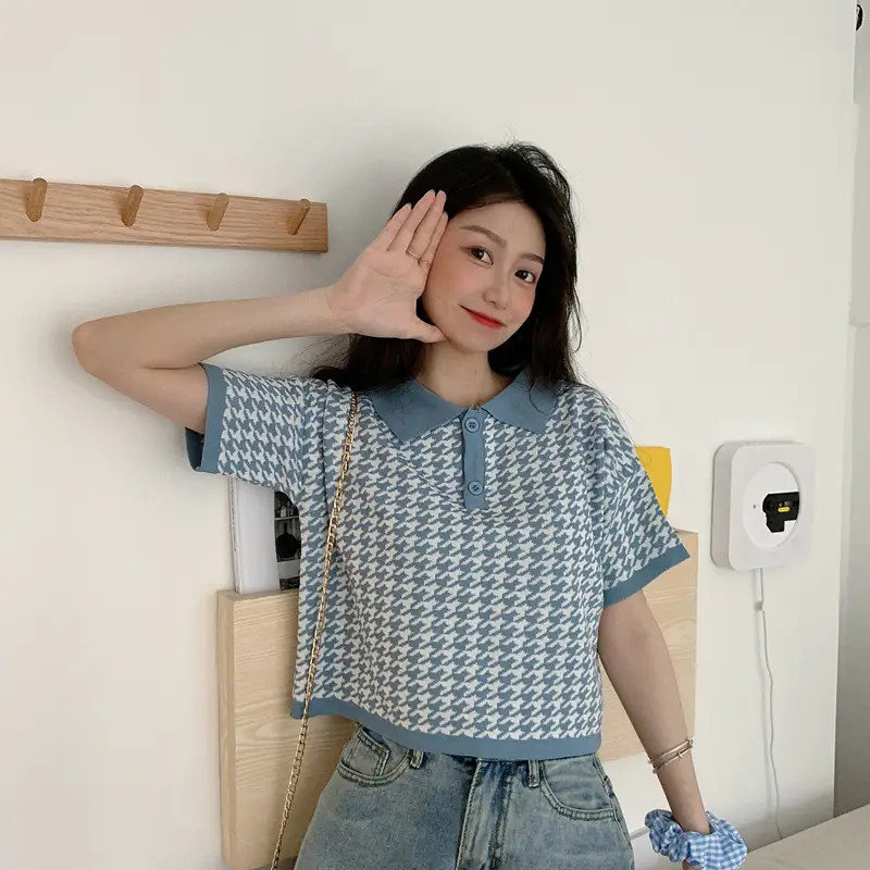 Women Korean Style Blue Houndstooth Polo T-Shirt
