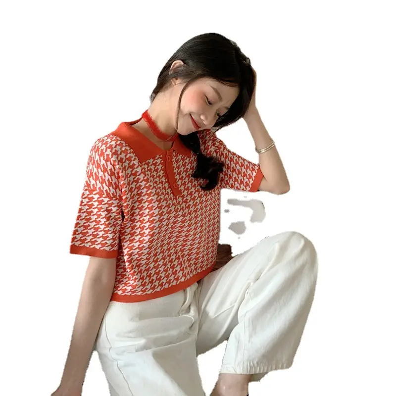 Women Korean Style Blue Houndstooth Polo T-Shirt