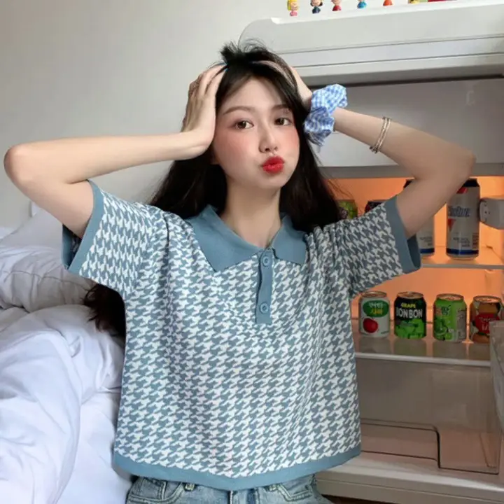 Women Korean Style Blue Houndstooth Polo T-Shirt — feature 1