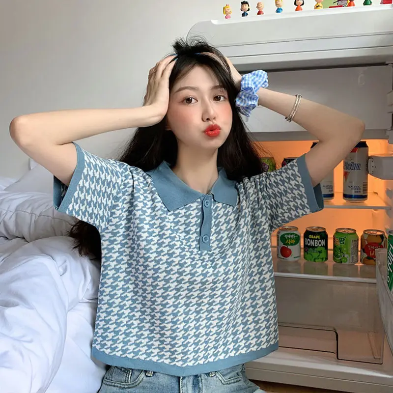 Women Korean Style Blue Houndstooth Polo T-Shirt — feature 2