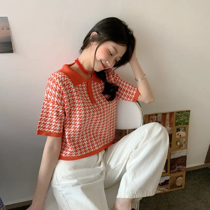 Women Korean Style Blue Houndstooth Polo T-Shirt — feature 5