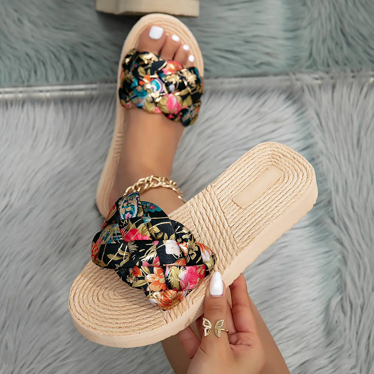 Women's Gilded Satin Belt Flip Flops Black