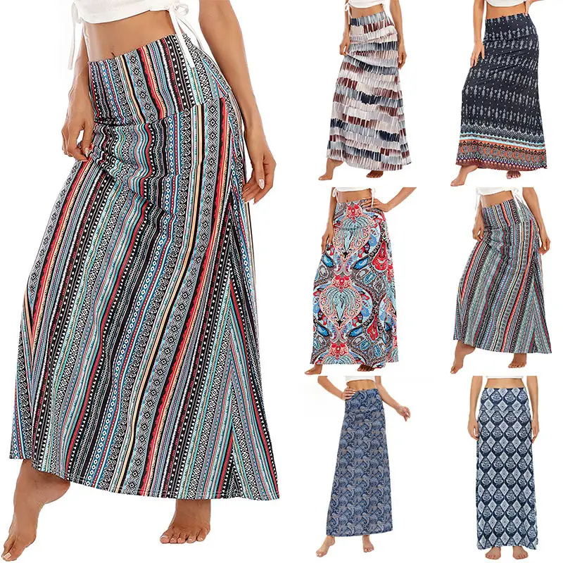 2022 Printed High Waist Long Dress Bohemian Large Swing A-Line Skirt Women - Image 9