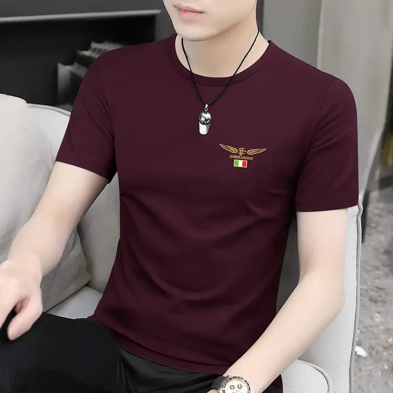 Men Maroon Embroidered T-Shirt Short Sleeve - Image 4