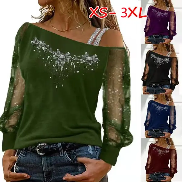 Women Long Sleeve Gilded T-Shirt Maroon Loose Neck - Image 2