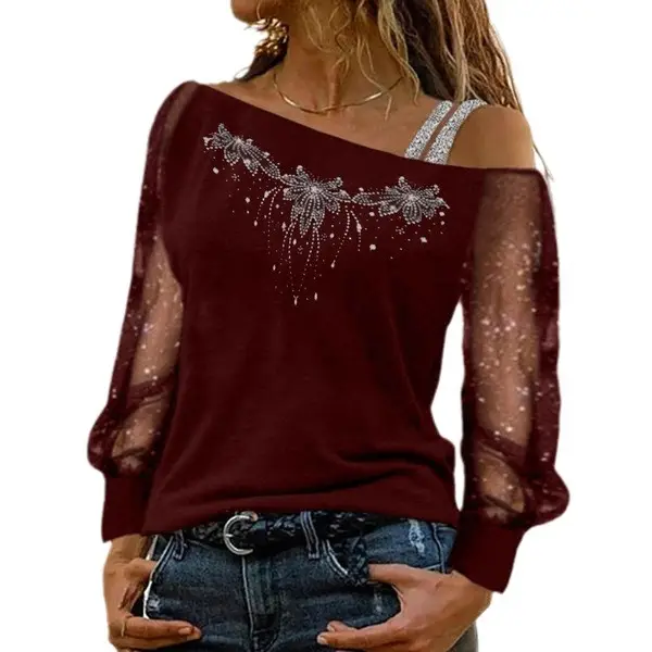 Women Long Sleeve Gilded T-Shirt Maroon Loose Neck - Image 6