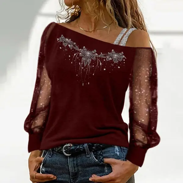 Women Long Sleeve Gilded T-Shirt Maroon Loose Neck — feature 4