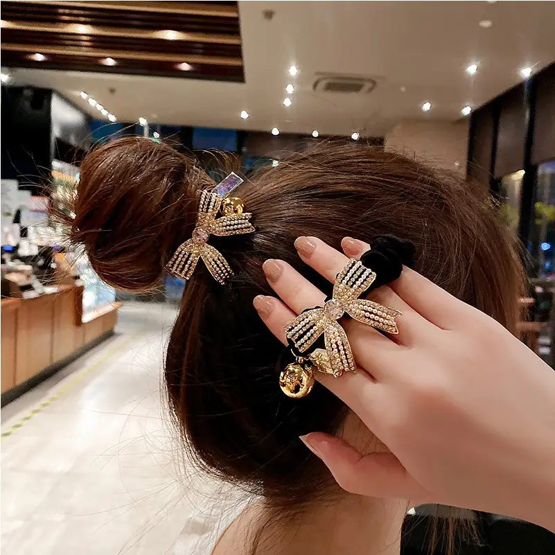 Black Pearl Bow Hair Tie for Women - Image 4