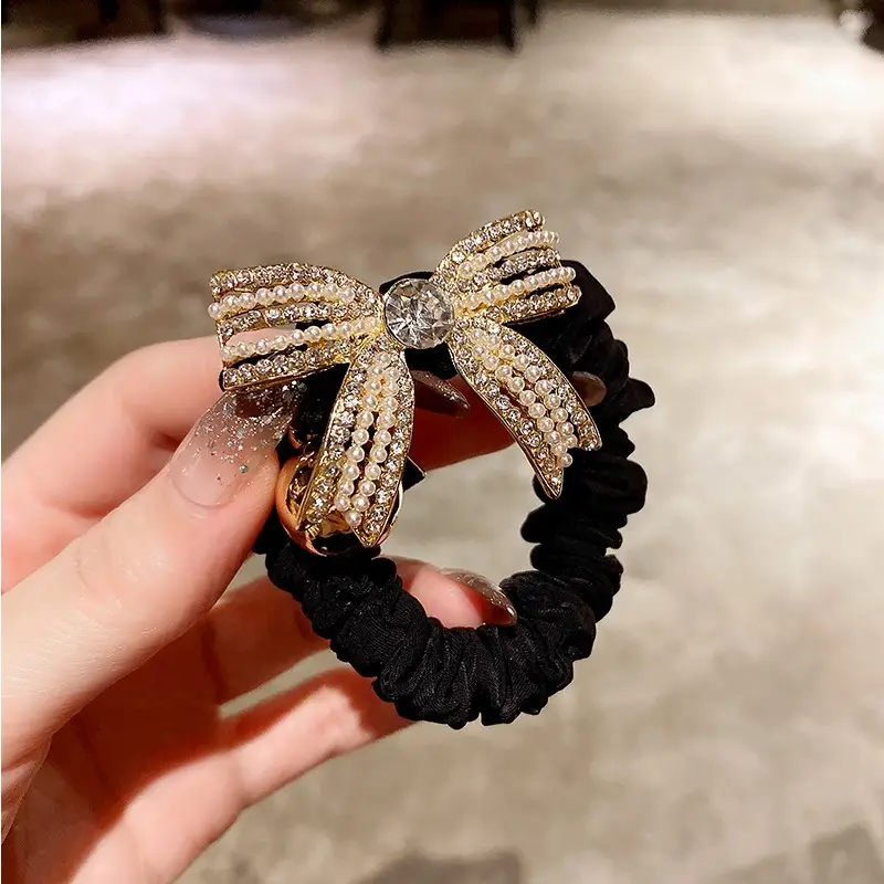 Black Pearl Bow Hair Tie for Women - Image 5