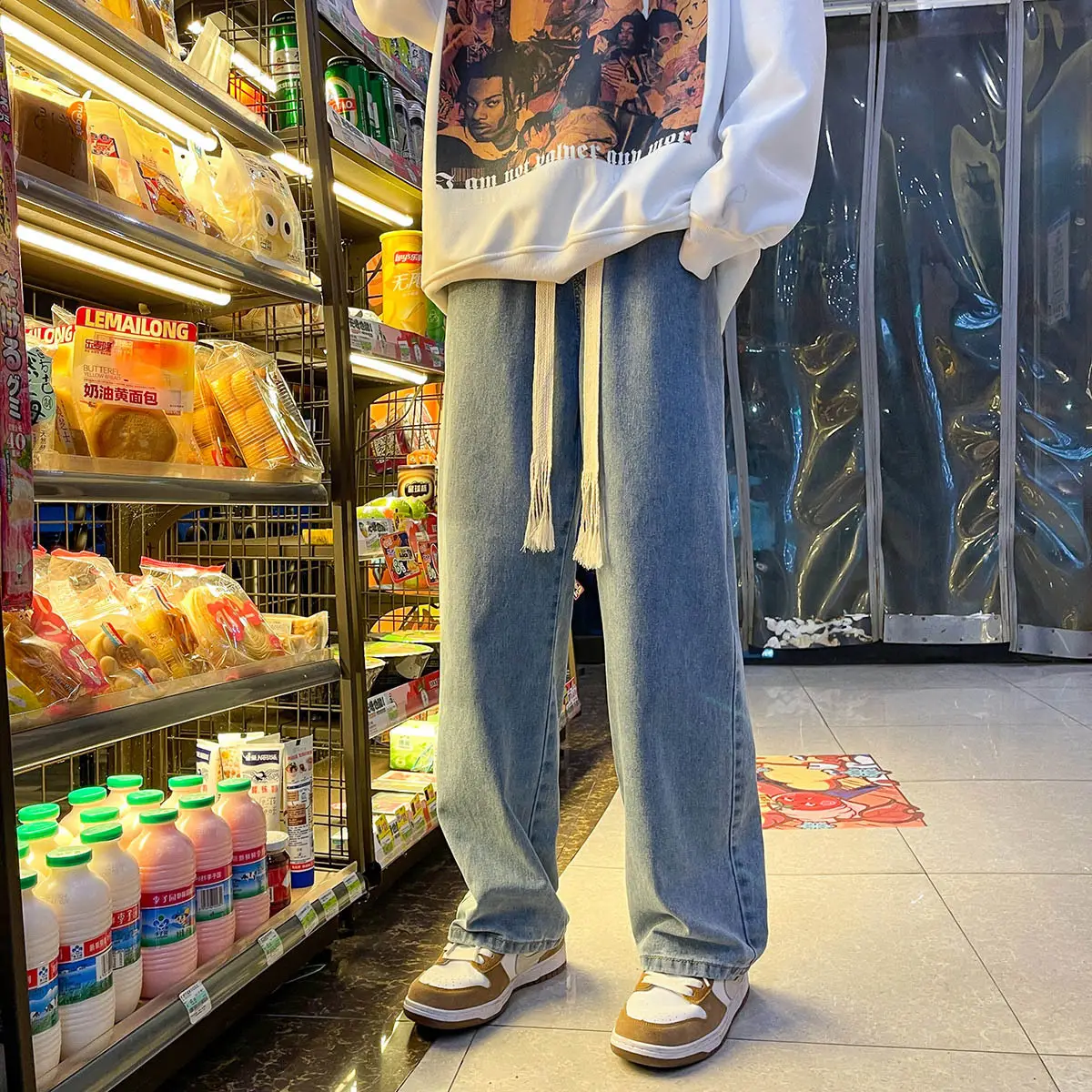 Men Elastic Waist Wide Leg Jeans Light Blue Spring Autumn - Image 4