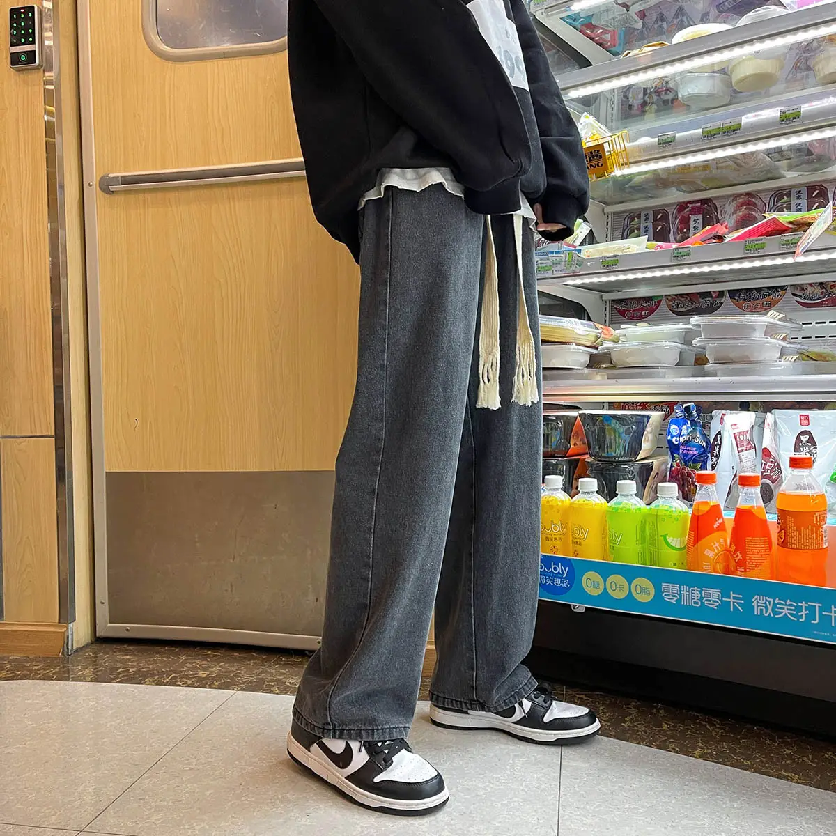 Men Elastic Waist Wide Leg Jeans Light Blue Spring Autumn - Image 2