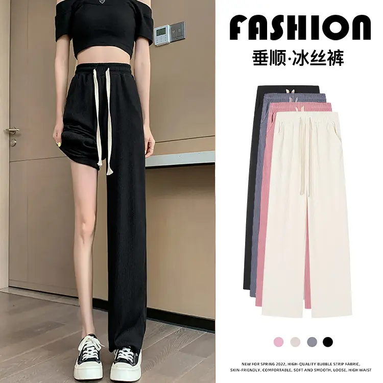 Black Ice Silk Wide Leg Pants Women High Waist Drape - Image 5