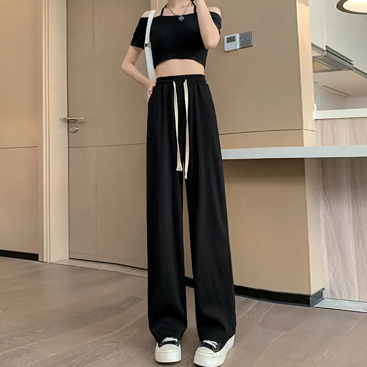 Black Ice Silk Wide Leg Pants Women High Waist Drape - Image 7