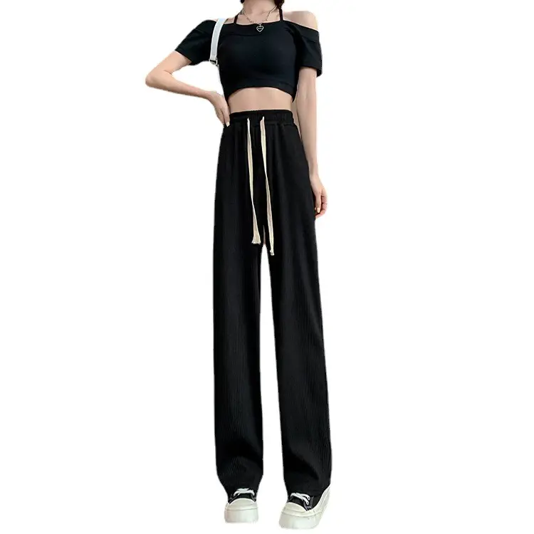 Black Ice Silk Wide Leg Pants Women High Waist Drape - Image 9