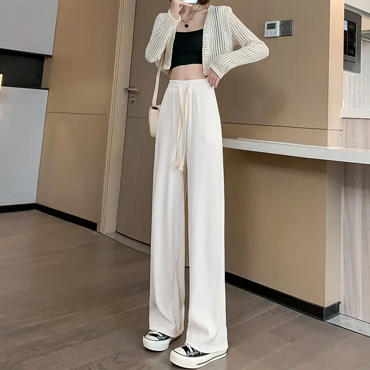 Black Ice Silk Wide Leg Pants Women High Waist Drape - Image 2
