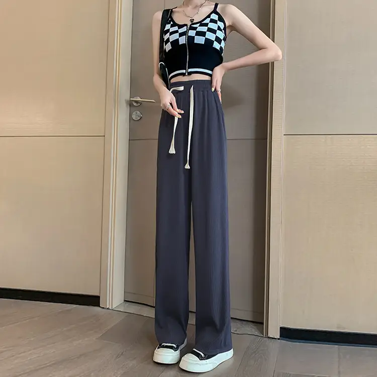 Black Ice Silk Wide Leg Pants Women High Waist Drape - Image 4