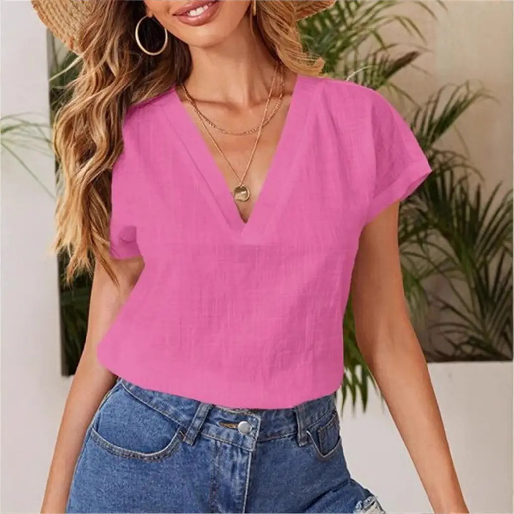 2024 V-Neck Cotton Linen Shirt Light Blue - Image 10