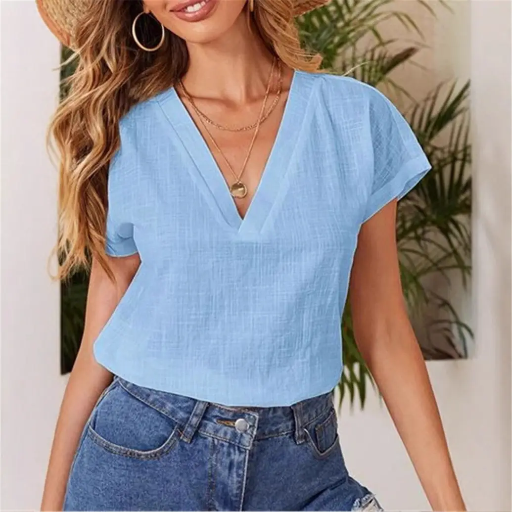 2024 V-Neck Cotton Linen Shirt Light Blue - Image 11