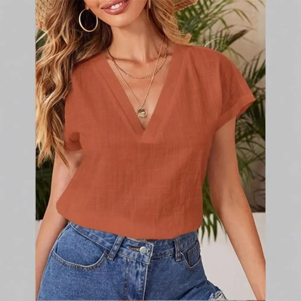 2024 V-Neck Cotton Linen Shirt Light Blue - Image 12