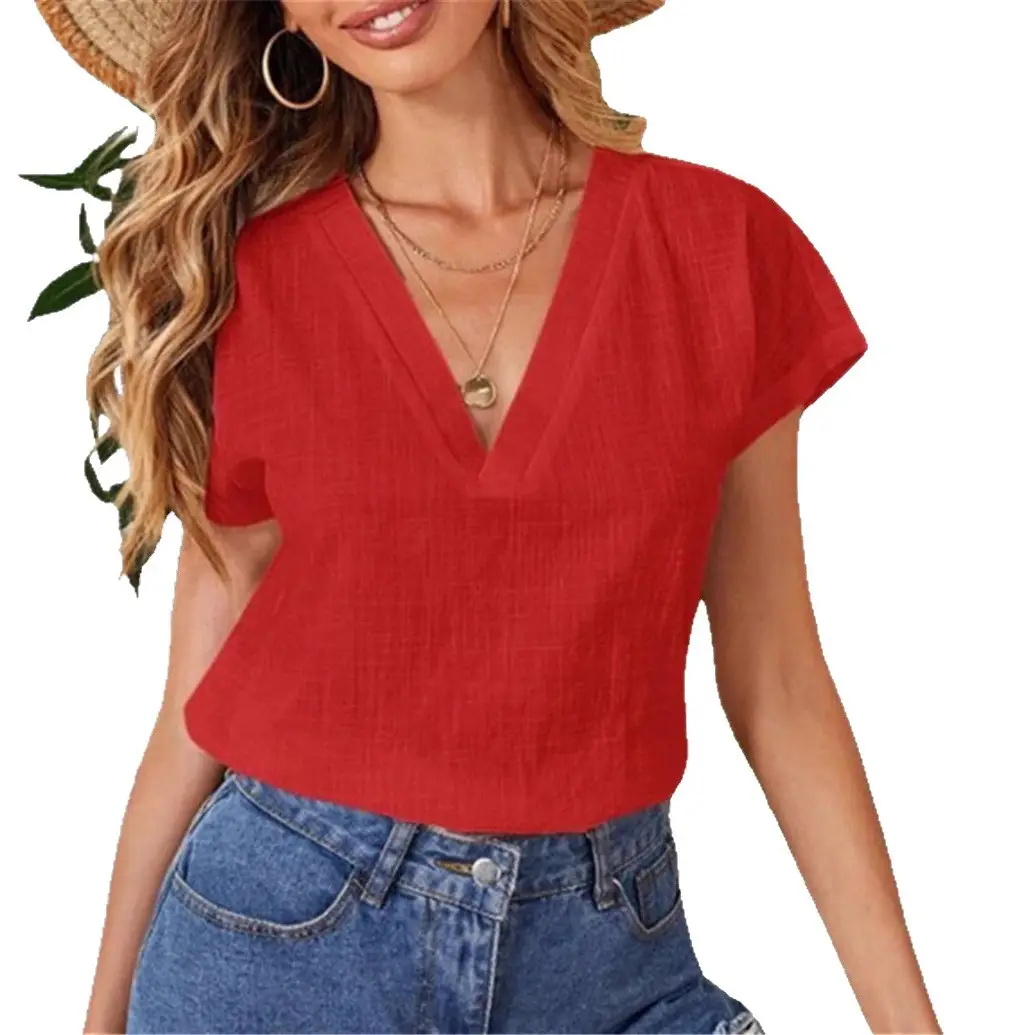 2024 V-Neck Cotton Linen Shirt Light Blue - Image 13