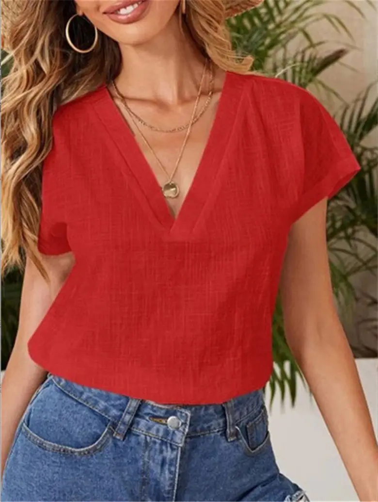 2024 V-Neck Cotton Linen Shirt Light Blue — feature 6
