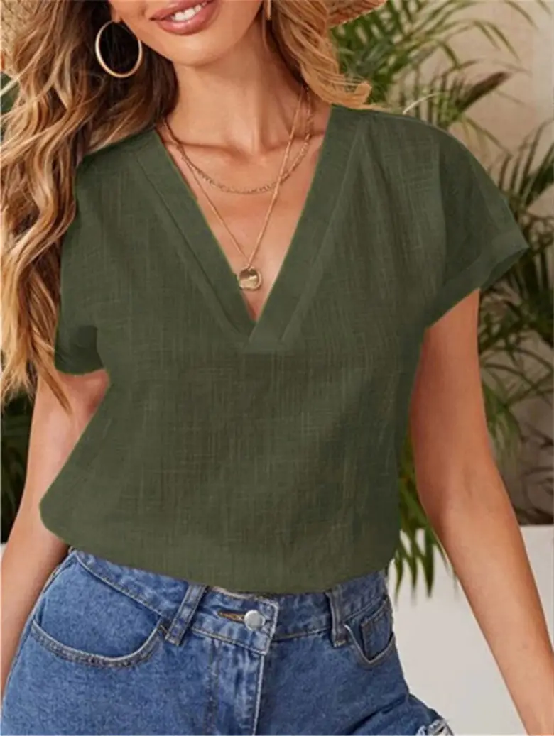 2024 V-Neck Cotton Linen Shirt Light Blue — feature 3