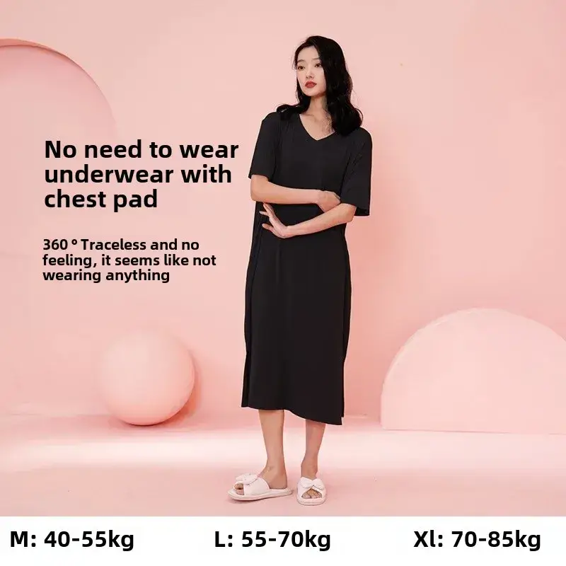 Women's Summer Modal Short-Sleeve Long Nightgown with a High-End Feel, Plus-Size, with Chest Pads, Home Dress, Exclusively for Cross-Border Sales