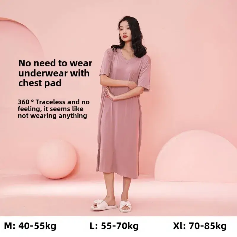 Women's Summer Modal Short-Sleeve Long Nightgown with a High-End Feel, Plus-Size, with Chest Pads, Home Dress, Exclusively for Cross-Border Sales