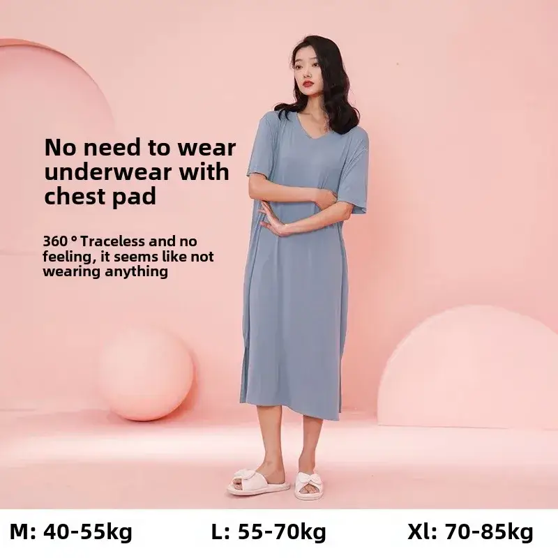 Women's Summer Modal Short-Sleeve Long Nightgown with a High-End Feel, Plus-Size, with Chest Pads, Home Dress, Exclusively for Cross-Border Sales