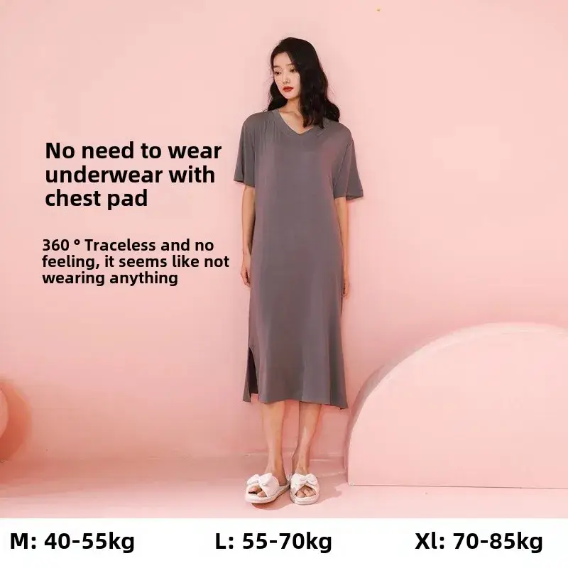 Women's Summer Modal Short-Sleeve Long Nightgown with a High-End Feel, Plus-Size, with Chest Pads, Home Dress, Exclusively for Cross-Border Sales