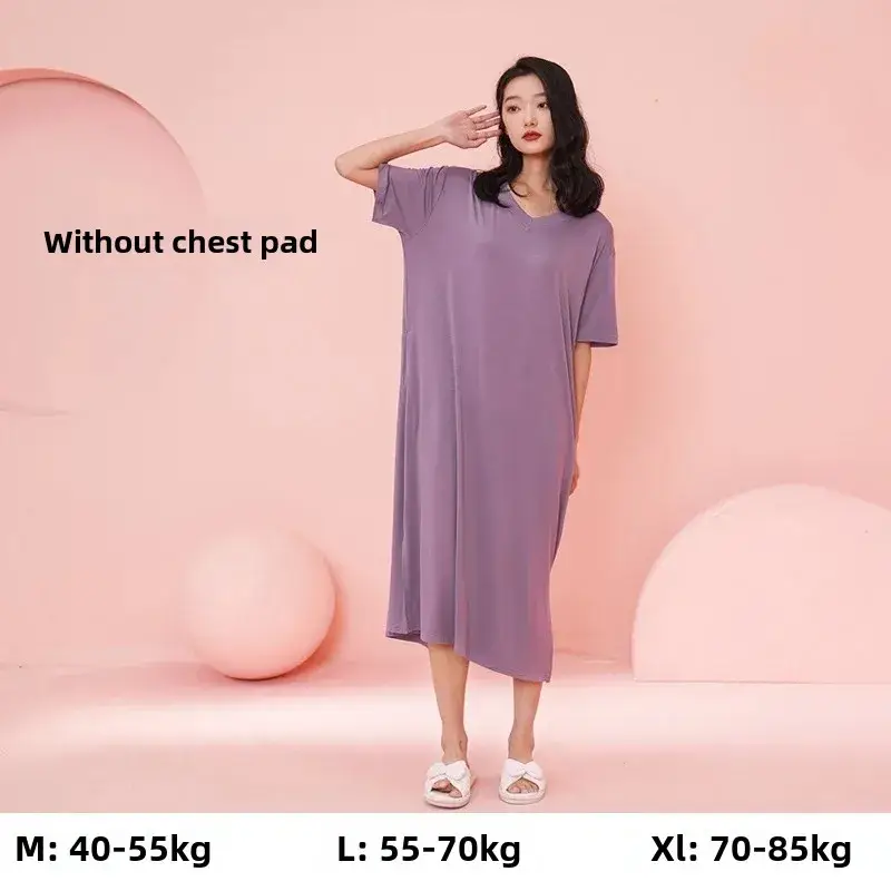 Women's Summer Modal Short-Sleeve Long Nightgown with a High-End Feel, Plus-Size, with Chest Pads, Home Dress, Exclusively for Cross-Border Sales