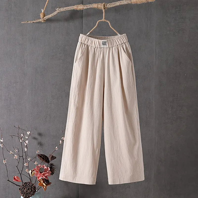 Women Slimming Cotton Linen Pants Gray Plus Size - Image 4