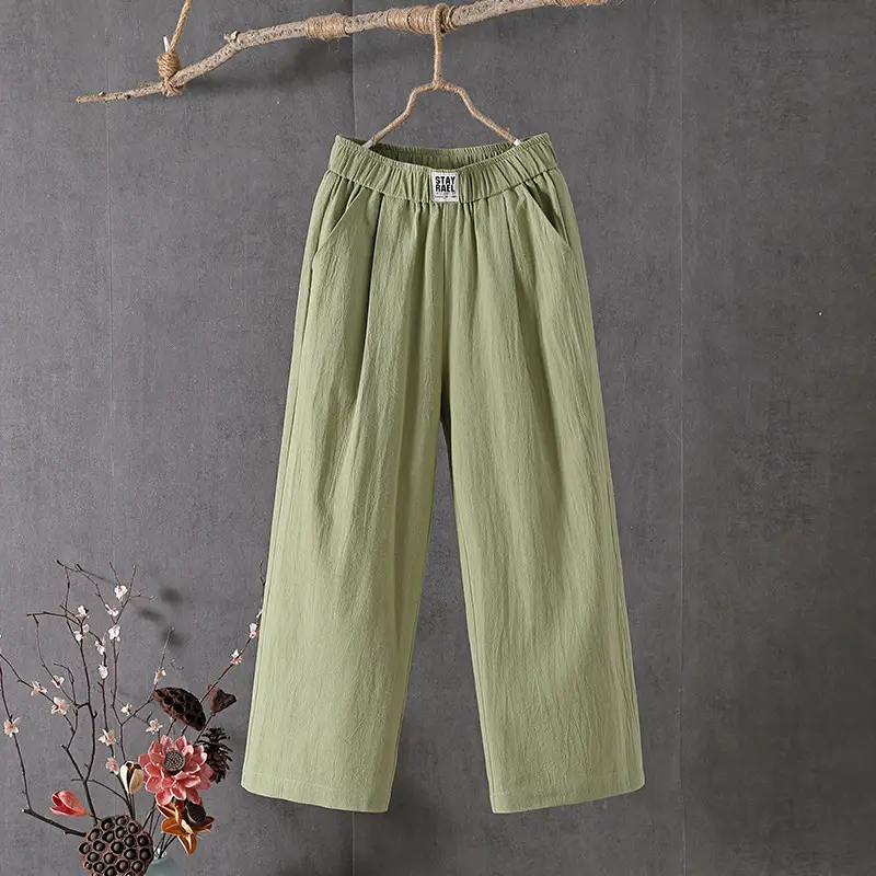 Women Slimming Cotton Linen Pants Gray Plus Size - Image 5