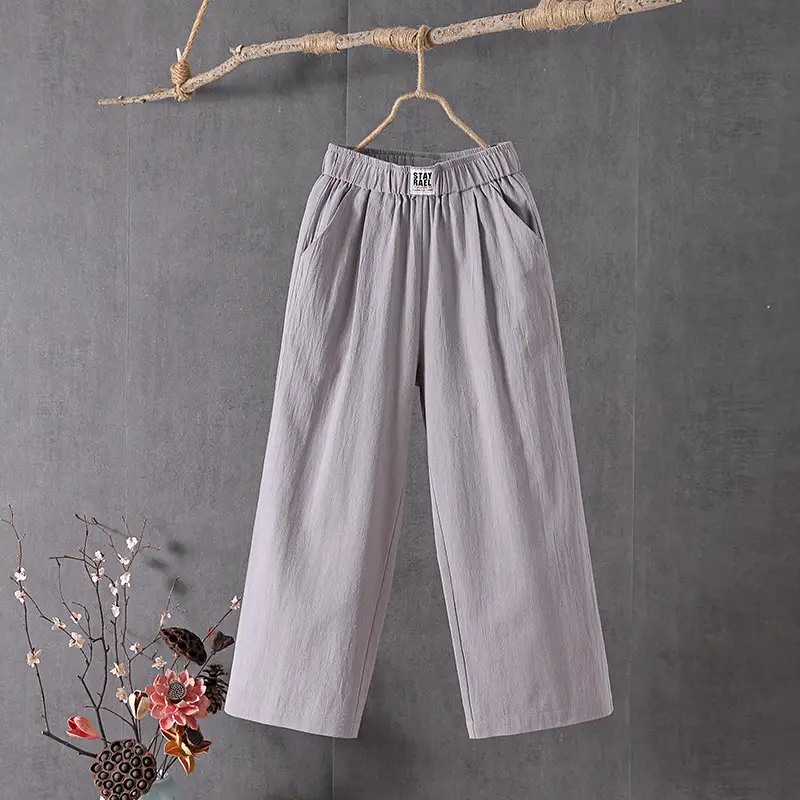 Women Slimming Cotton Linen Pants Gray Plus Size - Image 2
