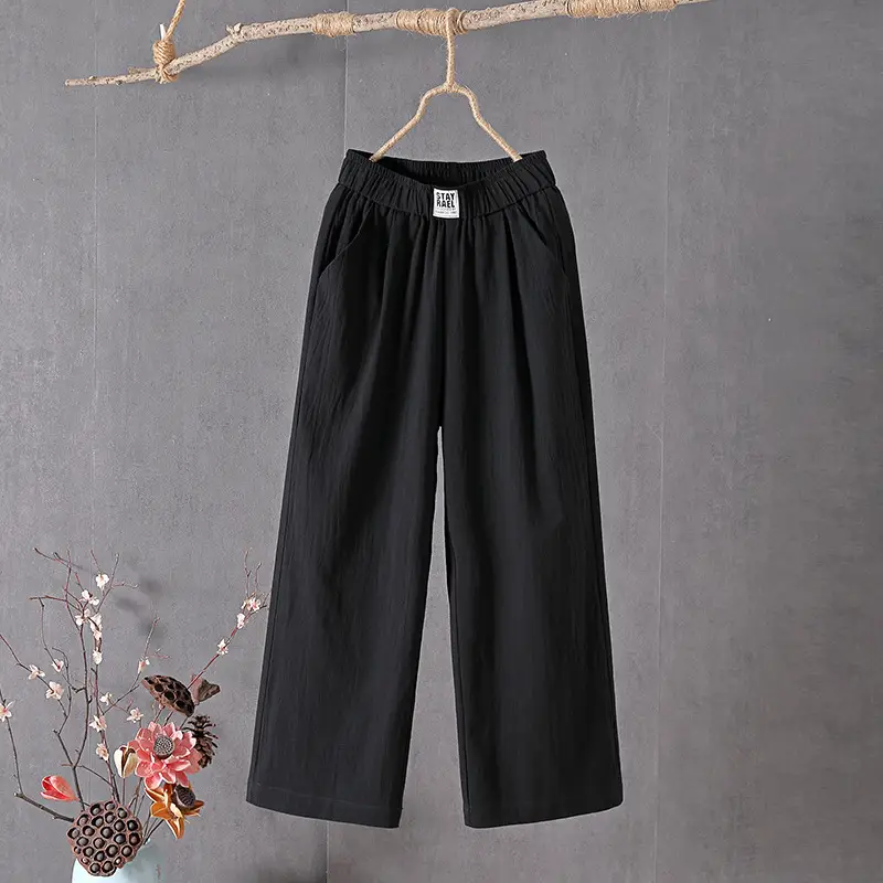 Women Slimming Cotton Linen Pants Gray Plus Size - Image 3