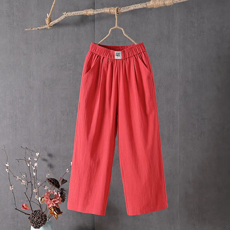 Women Slimming Cotton Linen Pants Gray Plus Size - Image 6