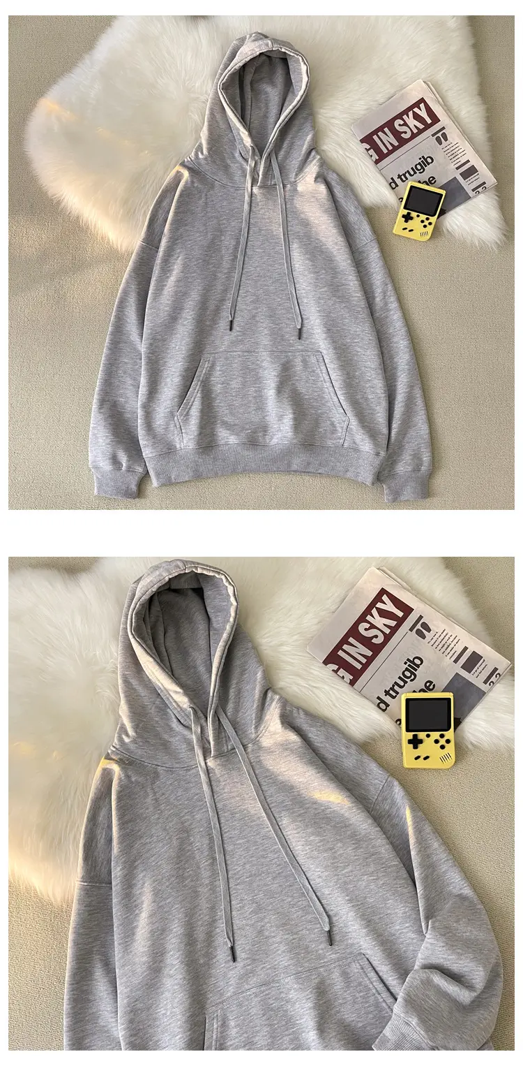 Men Women Hooded Sweatshirt Grey Cotton Neutral Solid — feature 27