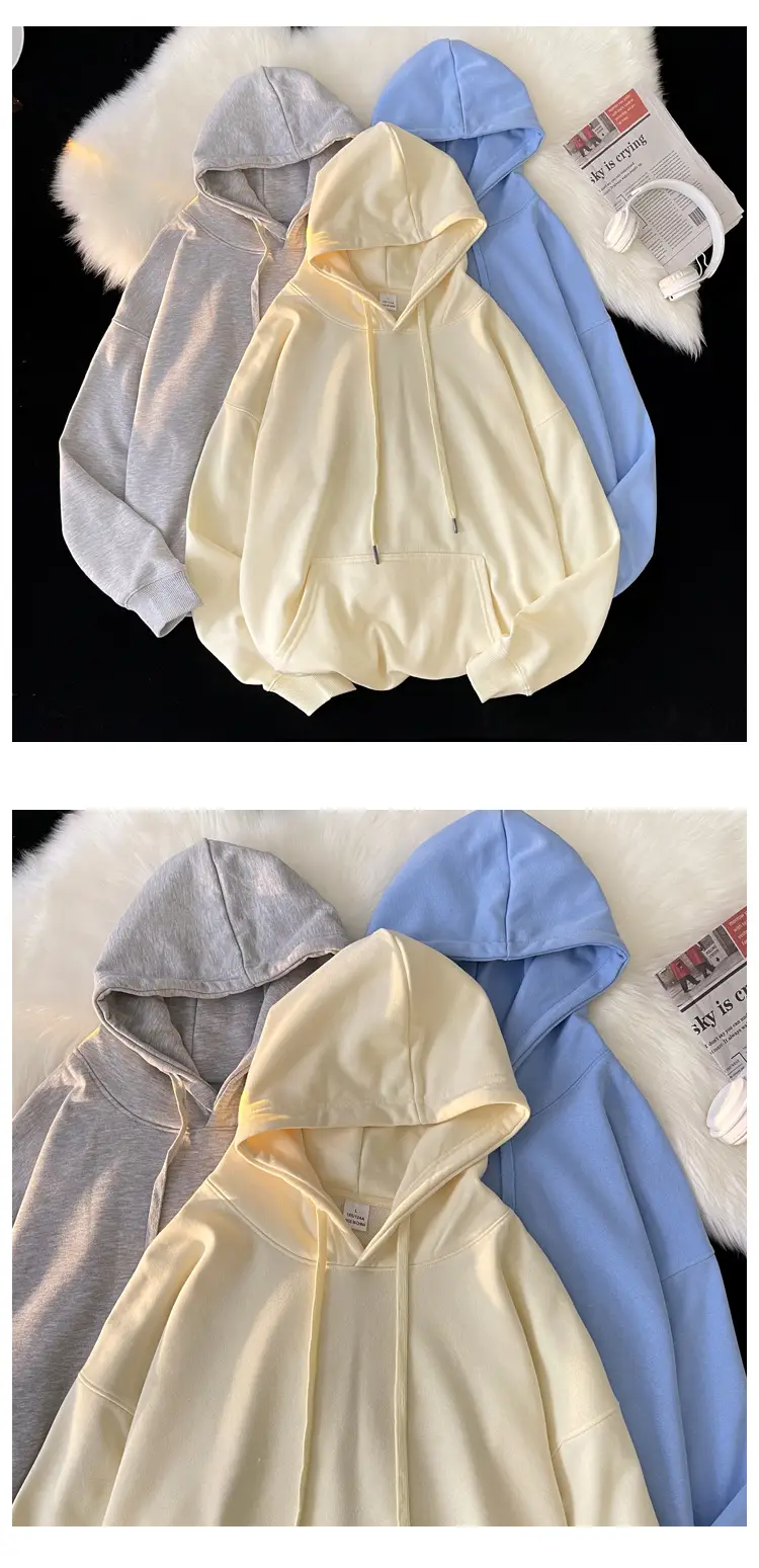Men Women Hooded Sweatshirt Grey Cotton Neutral Solid — feature 5