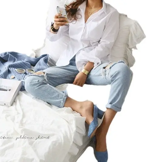 Women White Slim Fit Cotton Long Sleeve Shirt 2025 - Image 5