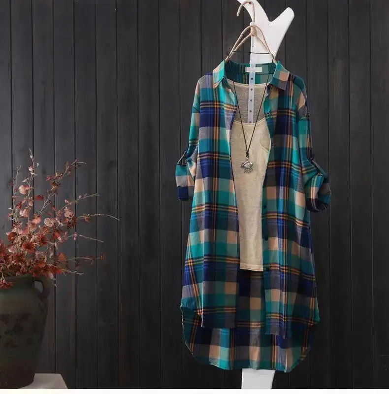 Women Plaid Korean Shirt Long Sleeve Sun Protective Coat Large — feature 5