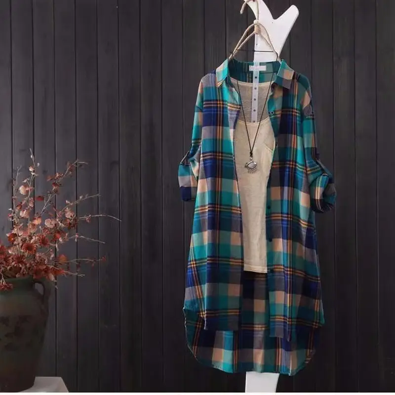 Women Plaid Korean Shirt Long Sleeve Sun Protective Coat Large - Image 2
