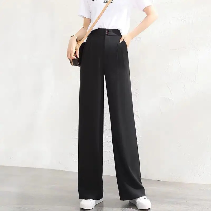 Wide Leg Pants Women High Waist Dipped 2021 Spring Summer Loose Slimming Straight Casual Mop Chiffon Suit Pants - Image 6