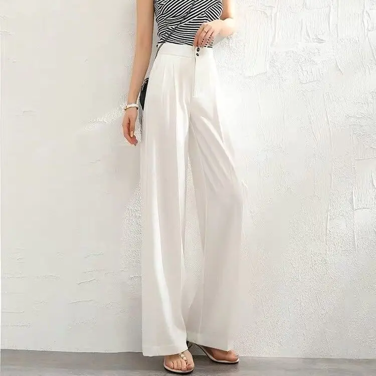 Wide Leg Pants Women High Waist Dipped 2021 Spring Summer Loose Slimming Straight Casual Mop Chiffon Suit Pants - Image 8