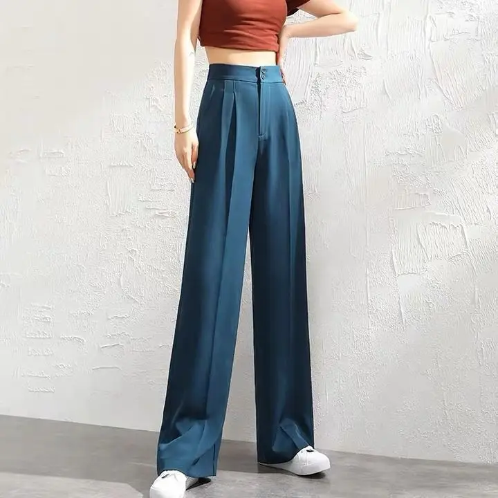 Wide Leg Pants Women High Waist Dipped 2021 Spring Summer Loose Slimming Straight Casual Mop Chiffon Suit Pants - Image 4